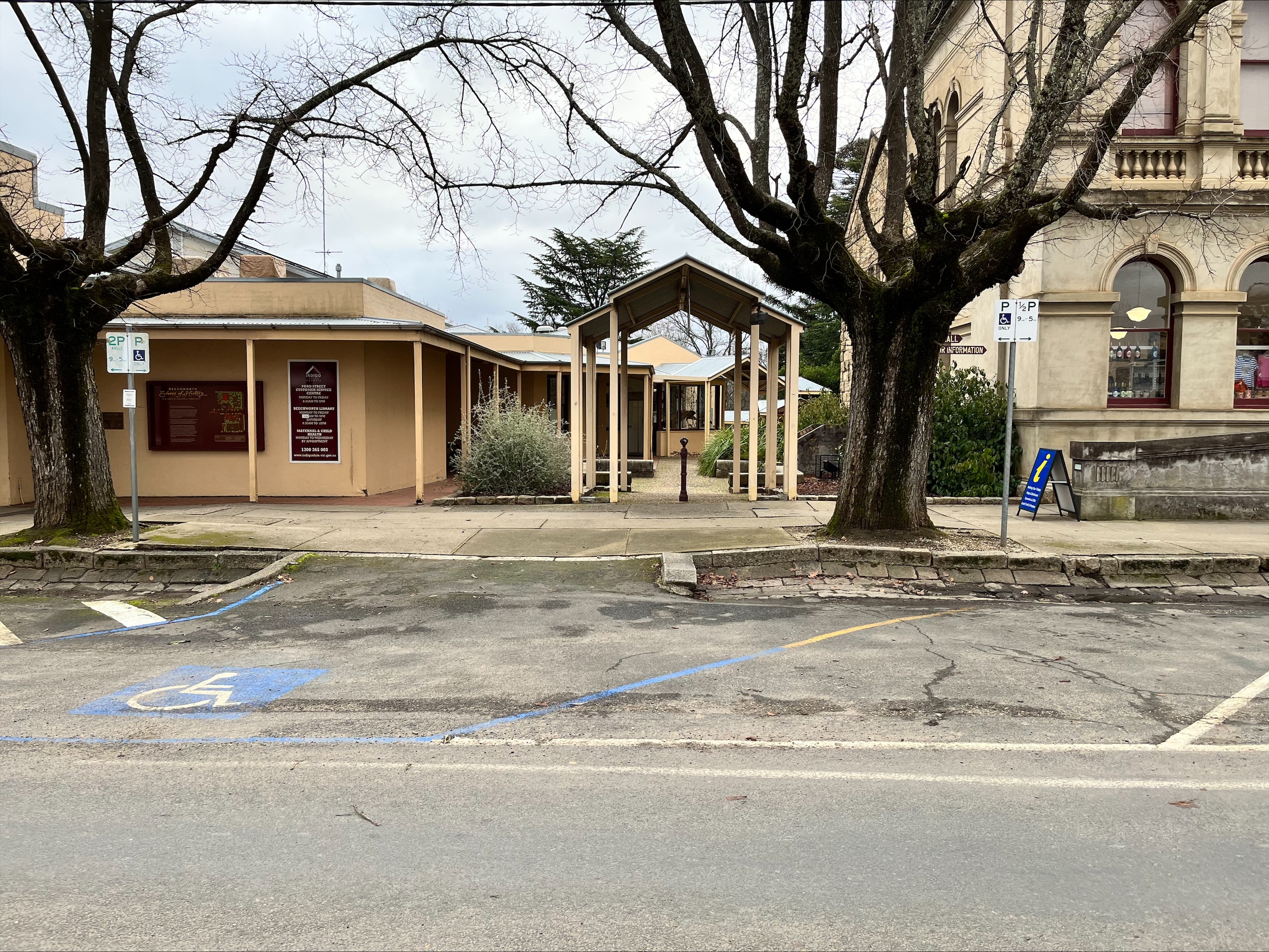 Accessible car spot outside Beechworth information centre and accessible toilets.