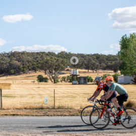 Road cyclists riding past farmland